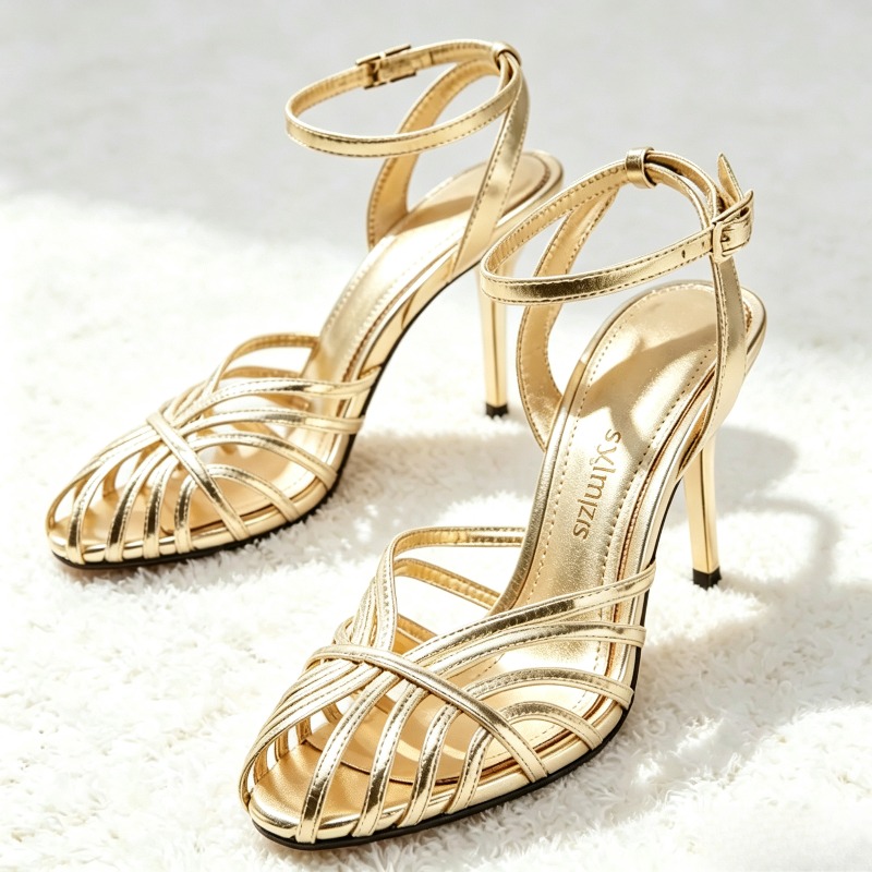 Ankle Strap Heels - Sexy Gold Hollow Narrow Band High
